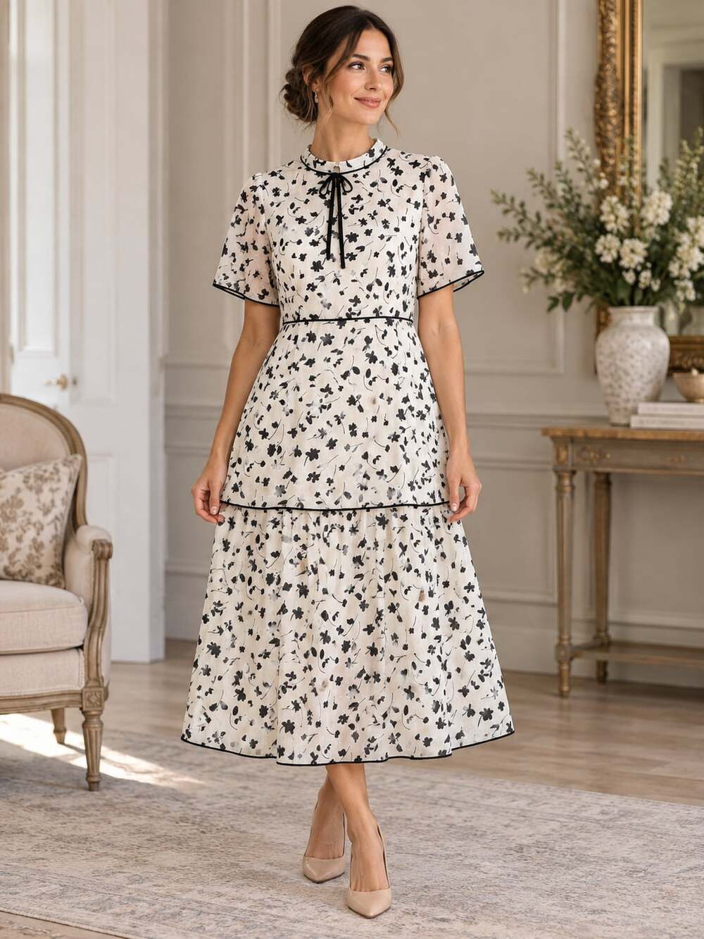 Piper & Scoot Floral Tiered Midi Dress Black Ivory Lined Short Sleeve S